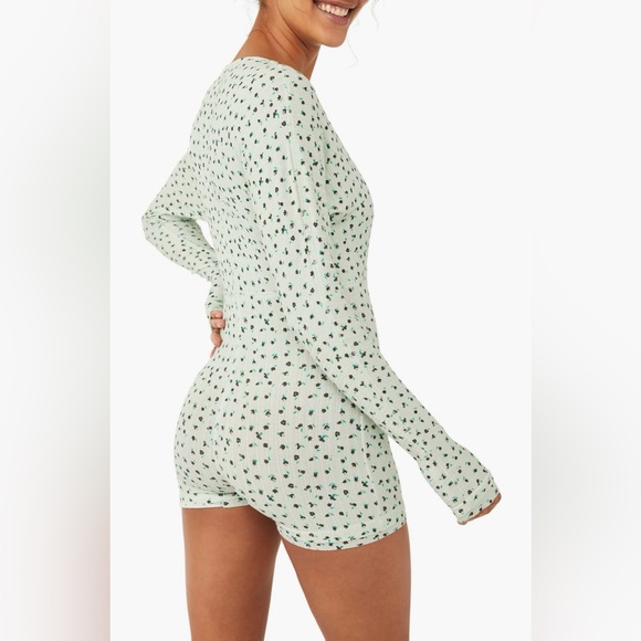 Free People Intimately FP Sleep In Long Sleeve Pointelle Romper Sage Green Small - Picture 2 of 4